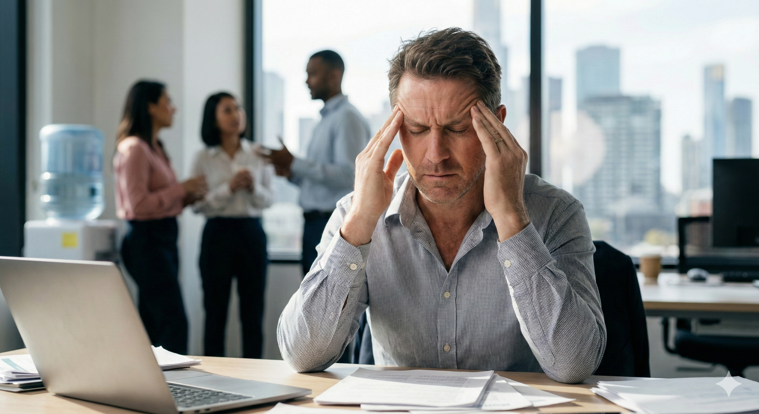 Stressed manager dealing with weaponized workplace complaints and upwards bullying