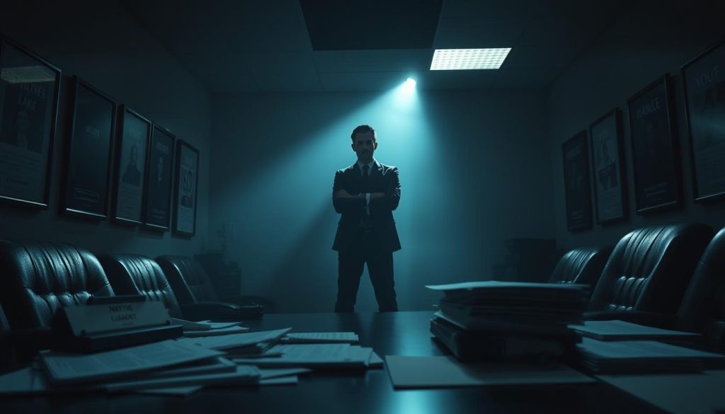 A dimly lit corporate office, the air thick with tension. In the foreground, a desk with scattered files and a nameplate, hinting at an ongoing investigation. The walls are lined with framed motivational posters, casting an eerie glow. In the middle ground, a lone figure stands, arms crossed, brow furrowed, conveying a sense of unease. The background is shrouded in shadows, suggesting a sense of secrecy and unease. The lighting is harsh, creating stark contrasts and deep shadows, adding to the ominous atmosphere. The overall scene evokes a sense of discomfort and the weight of a difficult workplace situation that requires thorough investigation.