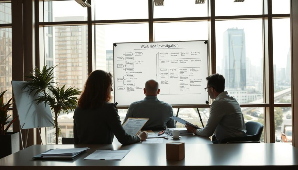 A modern, well-lit office setting with a team of professionals engaged in a workplace investigation process. In the foreground, a group of three people are seated around a conference table, reviewing documents and discussing findings. Mid-ground, a whiteboard displays a structured investigation workflow, with annotated steps and timelines. The background features tall windows overlooking a bustling urban landscape, casting a warm, natural lighting throughout the space. The atmosphere is one of focused collaboration, with an underlying sense of purpose and attention to detail as the team works to uncover the facts and ensure a fair, thorough investigation.