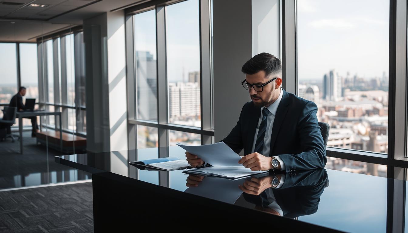 Business professional reviewing workplace misconduct investigation documents in Geelong office