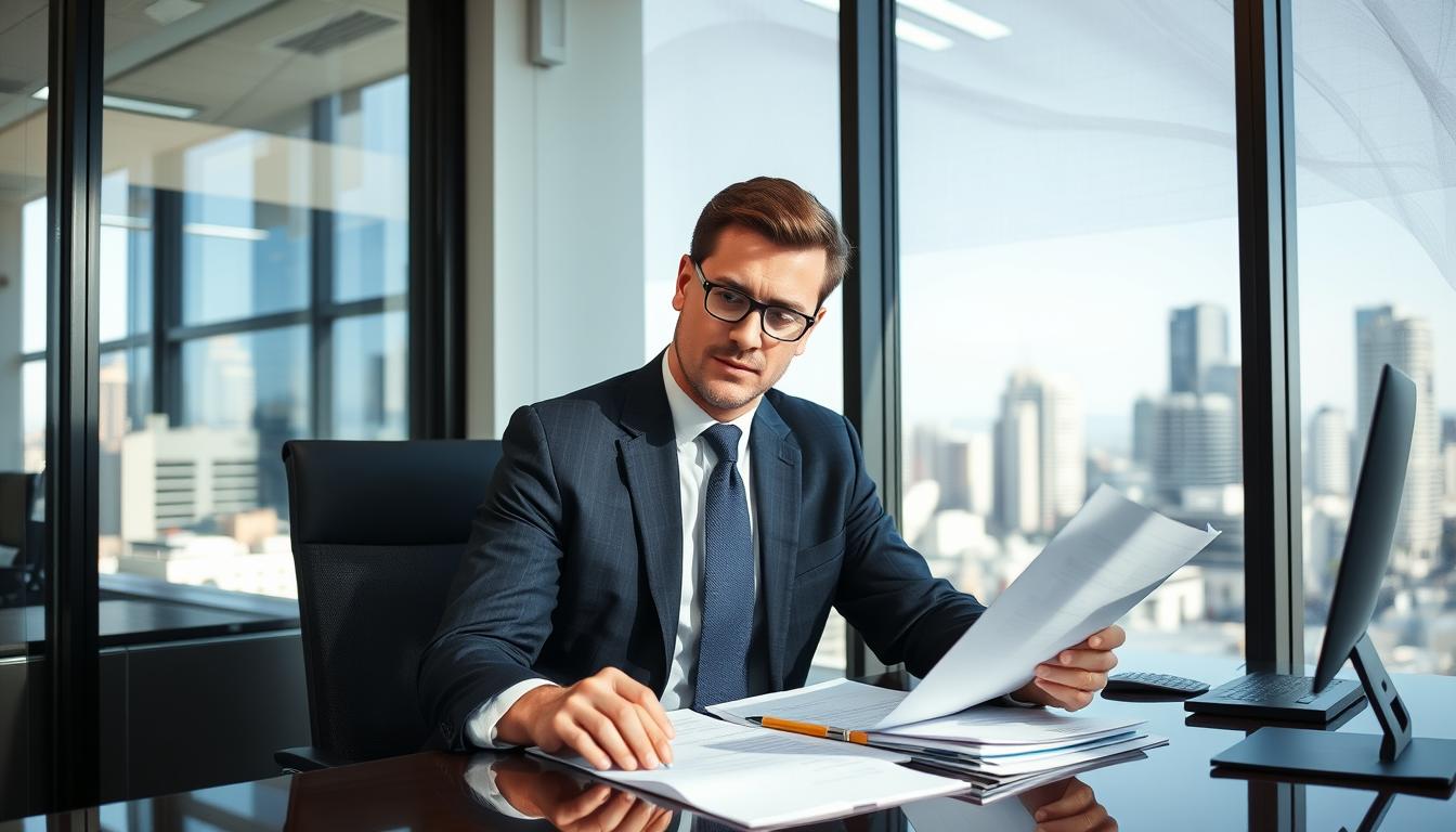 Professional investigator conducting a Melbourne misconduct investigation in a corporate office setting