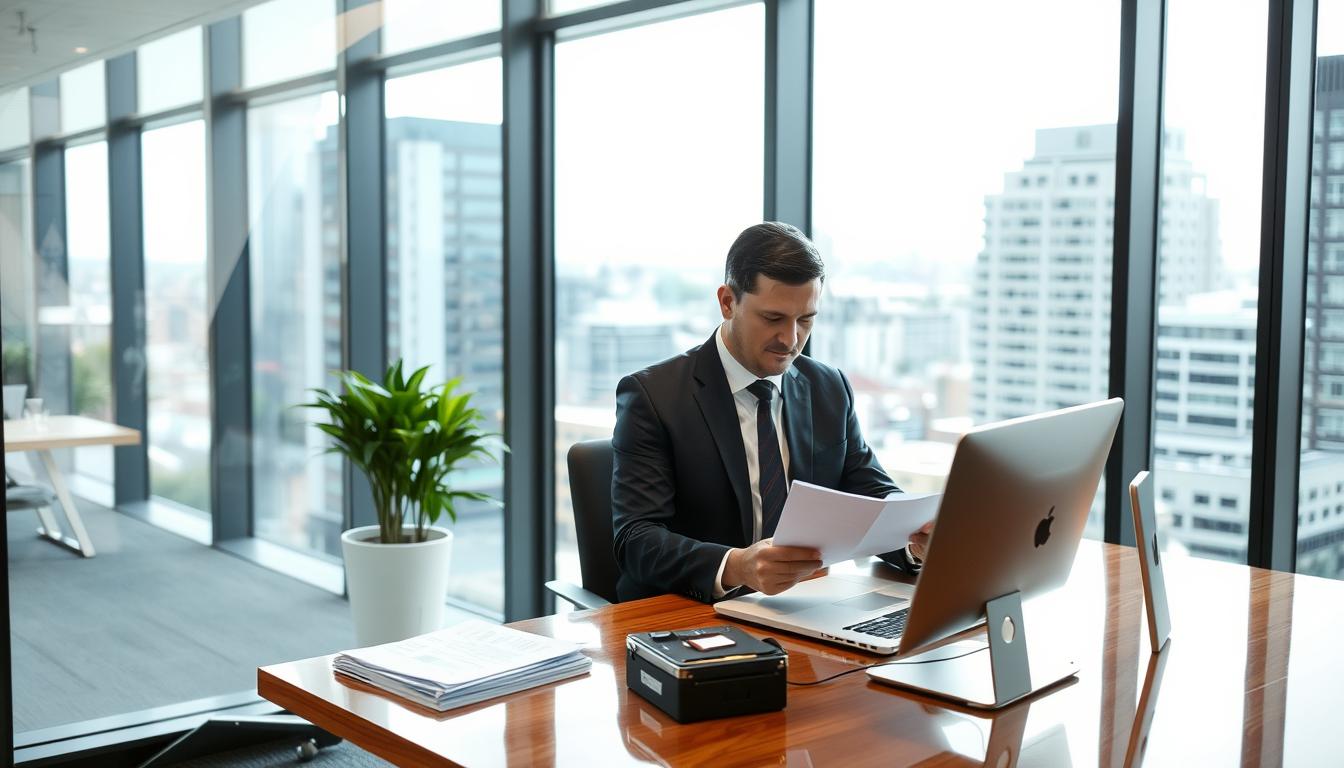 Professional investigator reviewing documents in Albury office