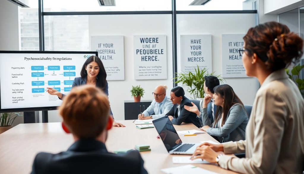 A corporate office setting illustrating psychosocial safety regulations, with a group of diverse employees engaged in a discussion around a large table. In the foreground, we see a woman in business attire pointing to a digital presentation on a screen that shows a flowchart of workplace safety guidelines. The middle ground features a diverse range of professionals, including a man and woman of various ethnicities participating actively, demonstrating collaboration and engagement. The background includes modern office elements, such as greenery and motivational posters emphasizing mental health. Soft, natural lighting enters through large windows, creating an inviting atmosphere. The angle of the shot is slightly elevated, capturing both the team dynamics and the importance of psychosocial safety in a professional context. A corporate office setting illustrating psychosocial safety regulations, with a group of diverse employees engaged in a discussion around a large table. In the foreground, we see a woman in business attire pointing to a digital presentation on a screen that shows a flowchart of workplace safety guidelines. The middle ground features a diverse range of professionals, including a man and woman of various ethnicities participating actively, demonstrating collaboration and engagement. The background includes modern office elements, such as greenery and motivational posters emphasizing mental health. Soft, natural lighting enters through large windows, creating an inviting atmosphere. The angle of the shot is slightly elevated, capturing both the team dynamics and the importance of psychosocial safety in a professional context.