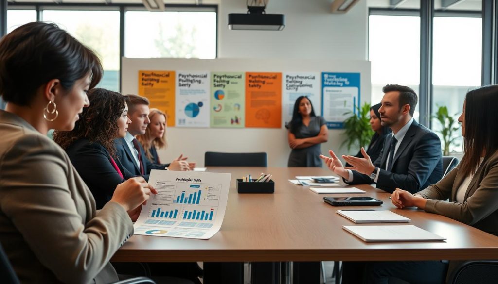 A modern office environment focused on workplace psychological health compliance, showcasing a diverse group of professionals in business attire engaged in a collaborative discussion around a large conference table. The foreground features a thoughtful woman reviewing a document with charts on psychosocial safety, while a man gestures positively, emphasizing the importance of mental health. In the middle ground, a colorful wall displays informative posters about workplace wellbeing strategies. The background includes large windows with natural light pouring in, casting a warm atmosphere over the setting. Use a slightly elevated angle to capture the scene effectively, conveying a sense of engagement and professionalism. The overall mood should be positive and encouraging, highlighting compliance and support in the workplace. A modern office environment focused on workplace psychological health compliance, showcasing a diverse group of professionals in business attire engaged in a collaborative discussion around a large conference table. The foreground features a thoughtful woman reviewing a document with charts on psychosocial safety, while a man gestures positively, emphasizing the importance of mental health. In the middle ground, a colorful wall displays informative posters about workplace wellbeing strategies. The background includes large windows with natural light pouring in, casting a warm atmosphere over the setting. Use a slightly elevated angle to capture the scene effectively, conveying a sense of engagement and professionalism. The overall mood should be positive and encouraging, highlighting compliance and support in the workplace.
