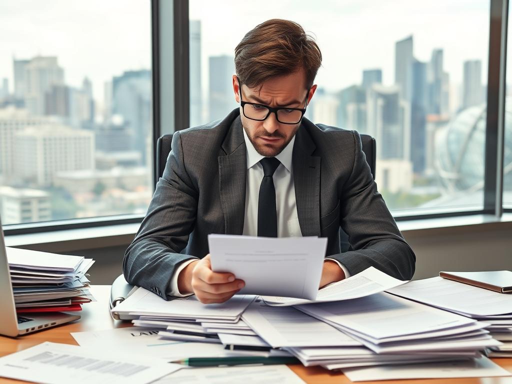 Frustrated HR manager struggling with complex workplace investigation documents