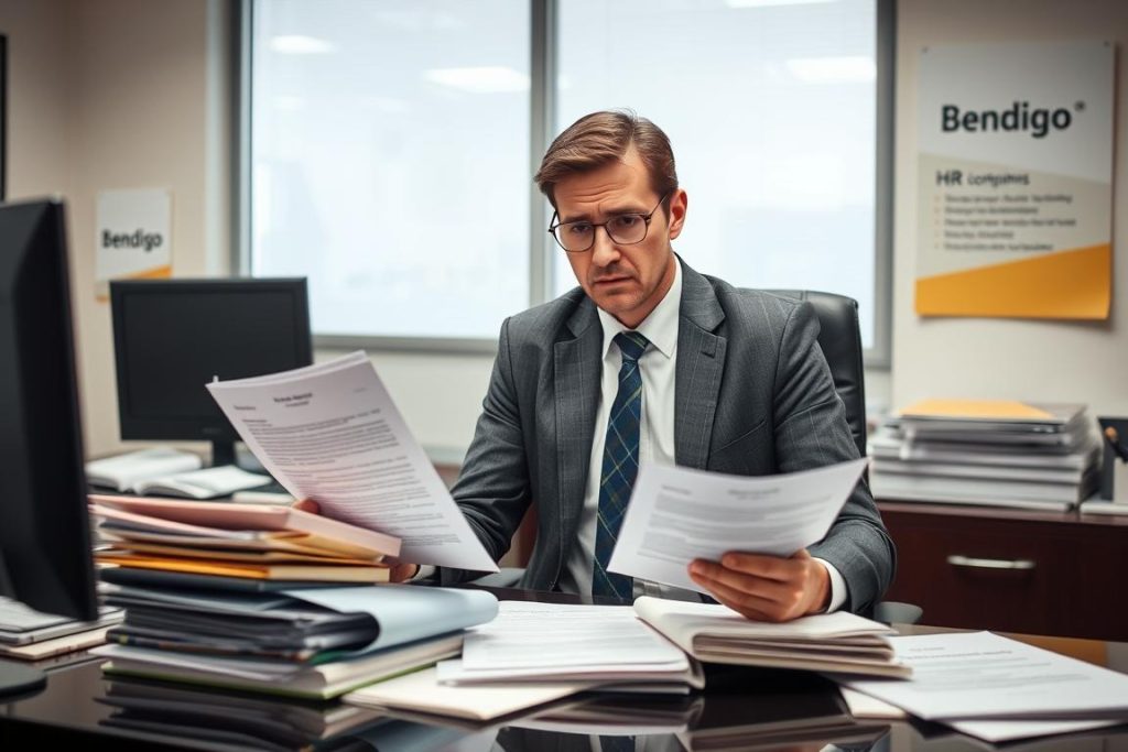 HR manager looking concerned while reviewing workplace harassment complaint documents