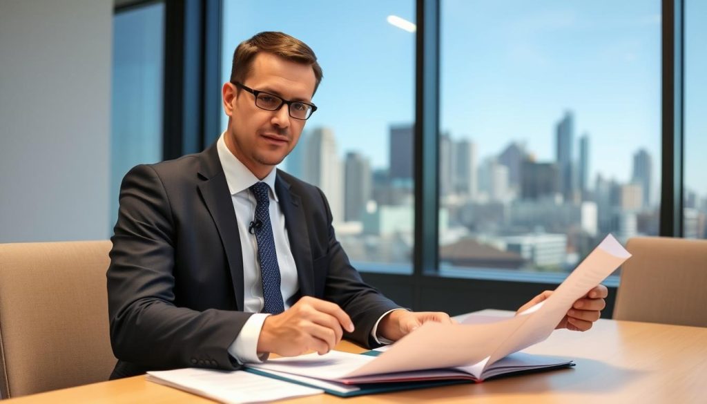 Professional external investigator reviewing workplace documents with objectivity