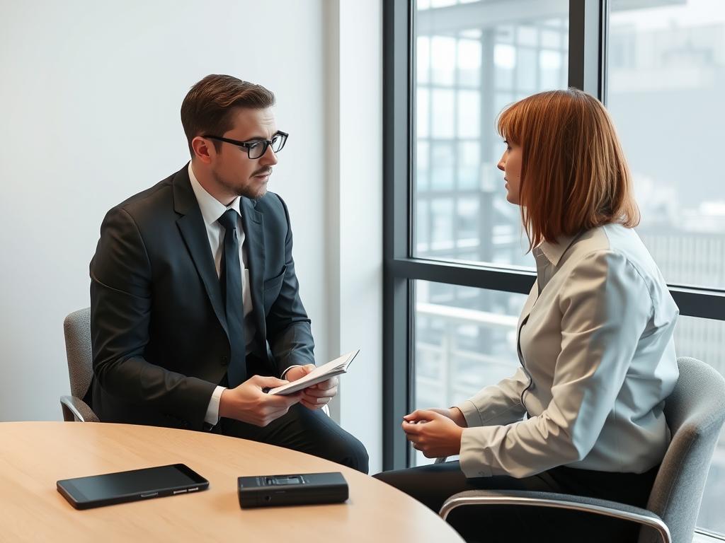 Professional investigator interviewing an employee during a workplace investigation