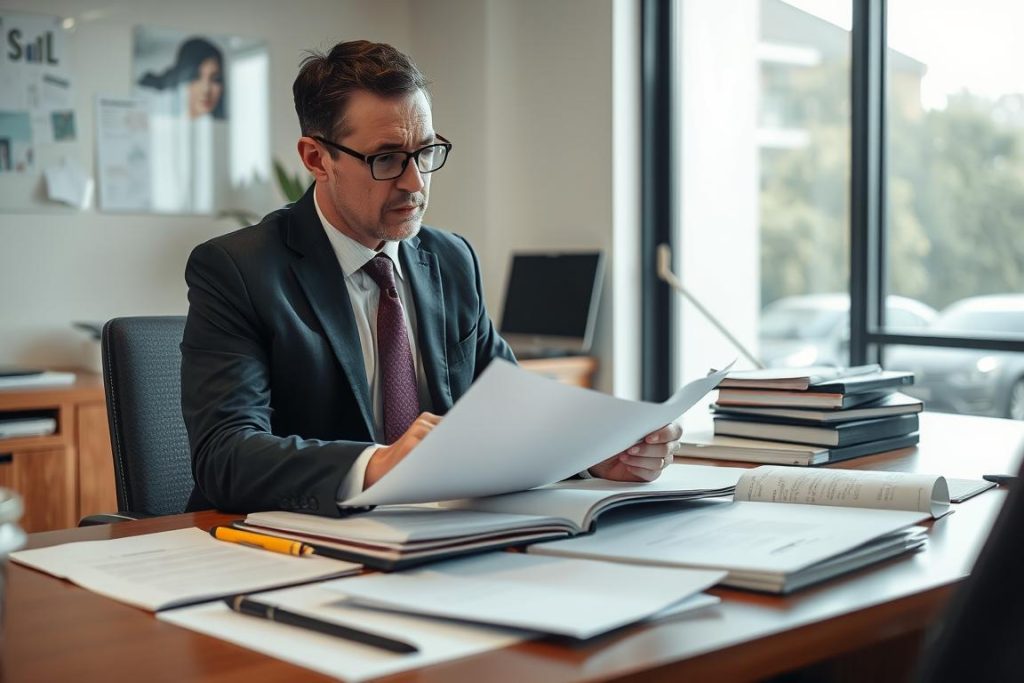 Professional investigator reviewing documents for a Geelong workplace bullying investigation Professional investigator reviewing documents for a Geelong workplace bullying investigation