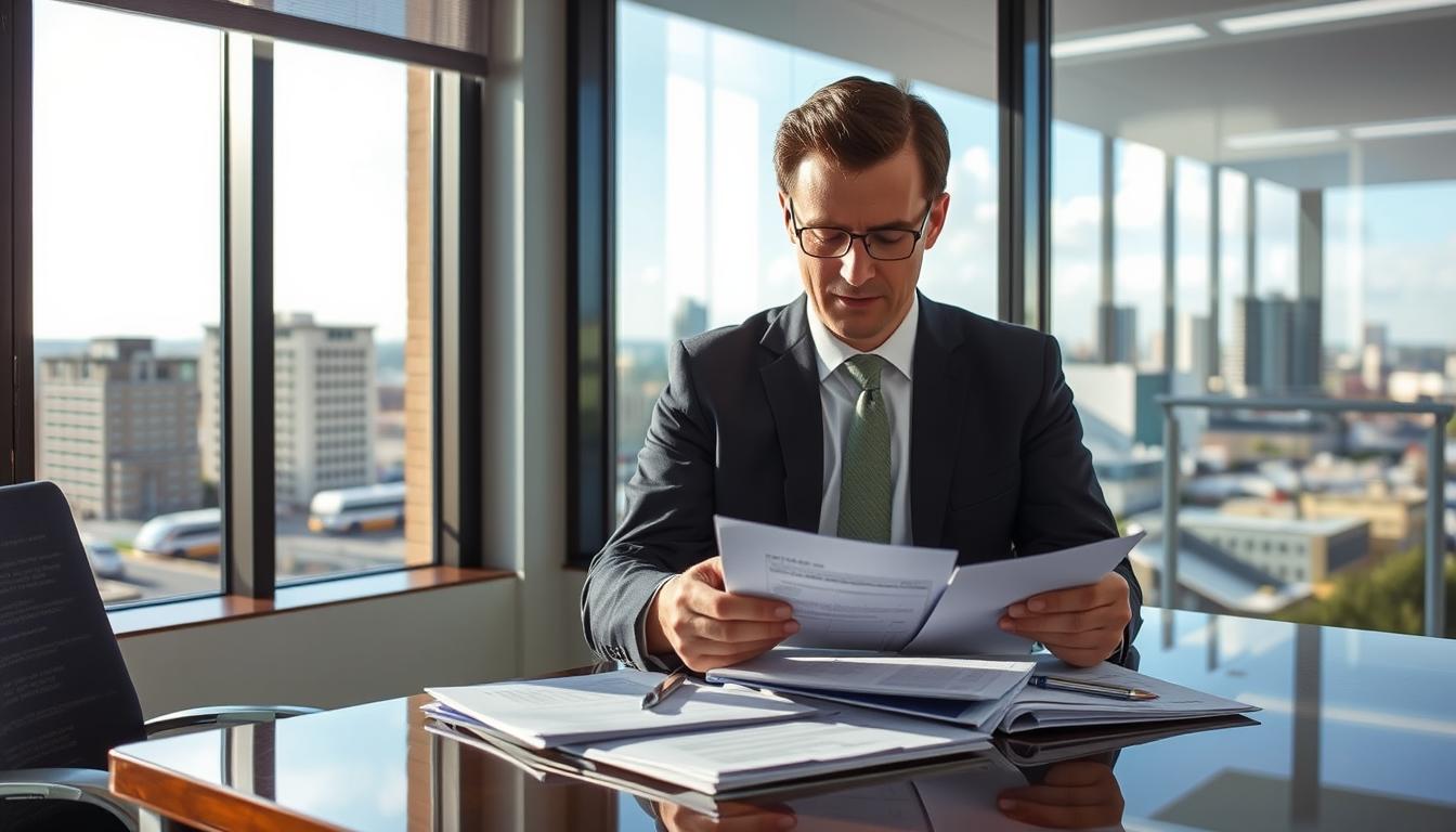 Professional investigator reviewing workplace bullying documentation in Bendigo office