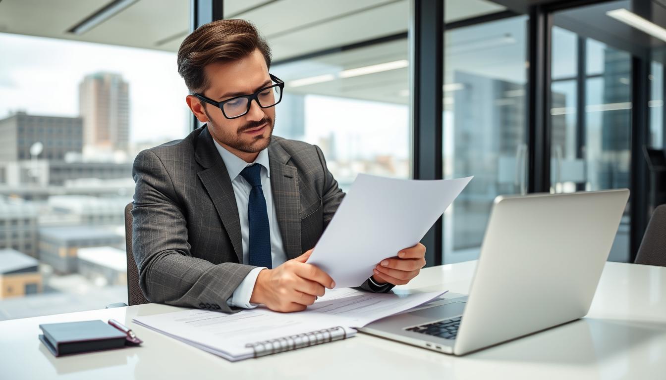 Professional investigator reviewing workplace sexual harassment documents in Geelong office