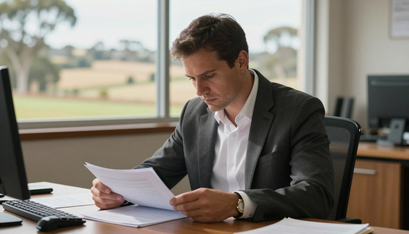 A professional investigator reviewing documents in a Wagga Wagga office with regional Australian landscape visible through window