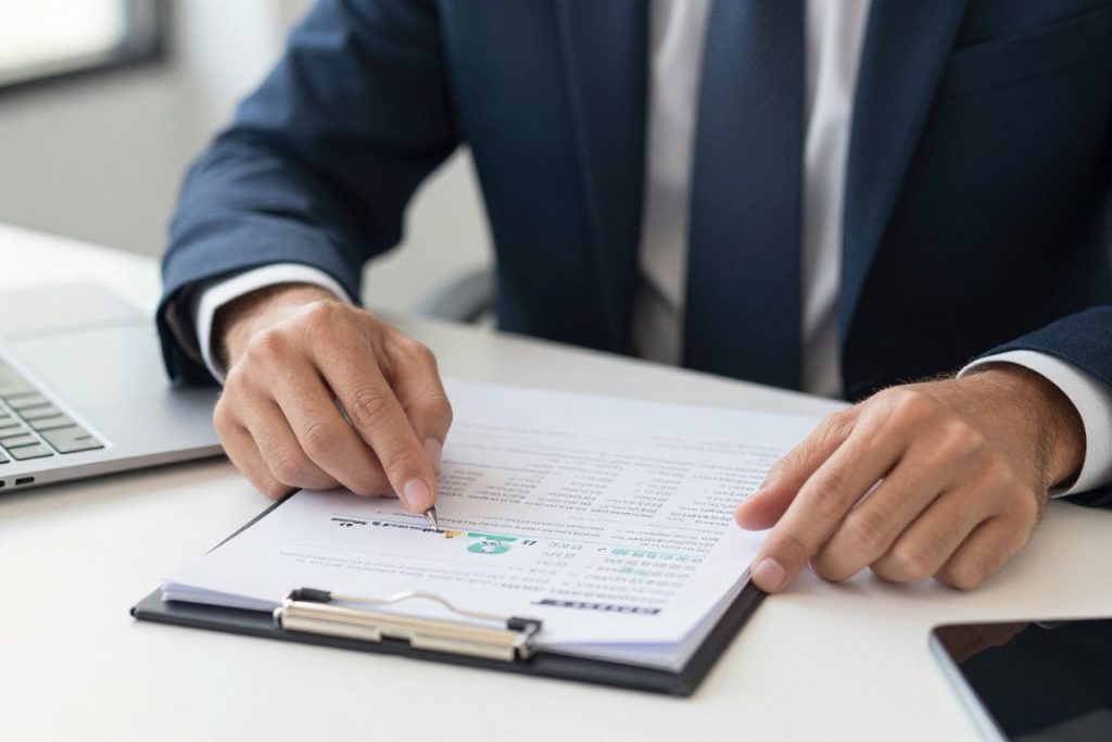 Business professional analyzing financial documents