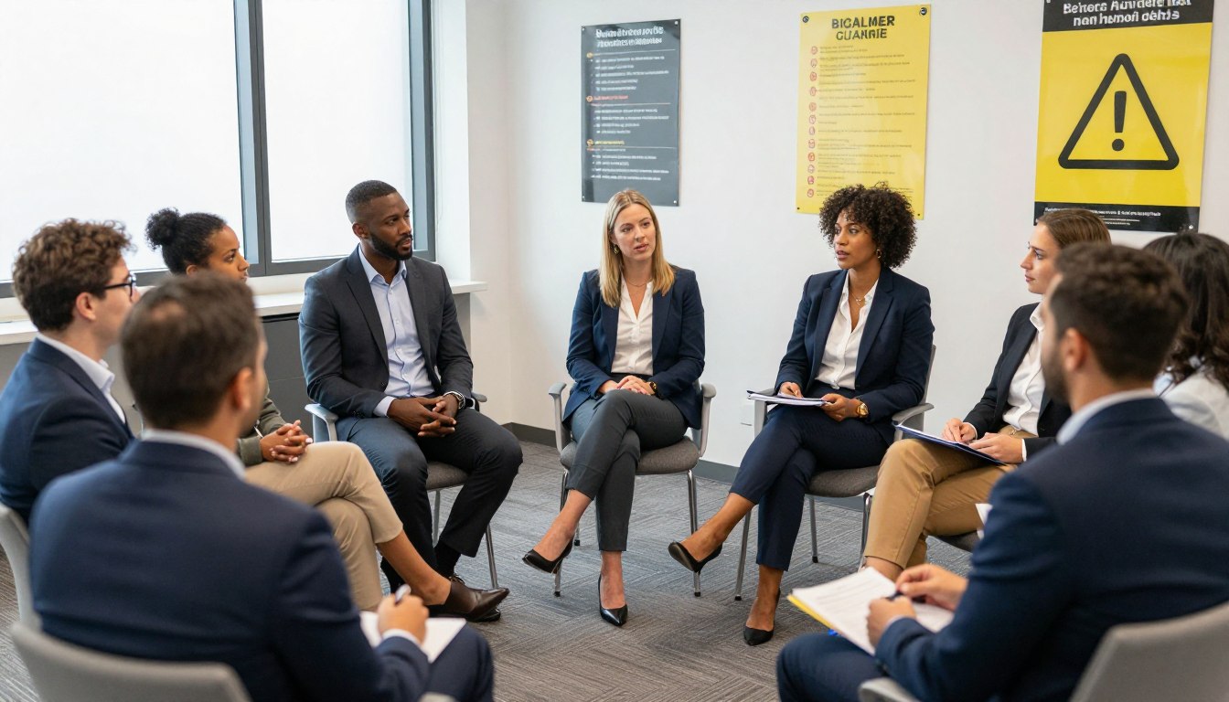 Group of diverse professionals in a workplace safety training session on bystander intervention