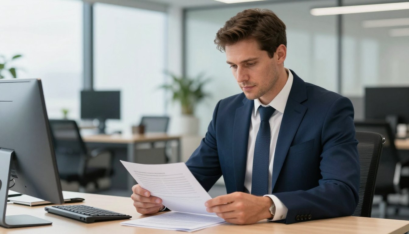 Professional investigator in business attire reviewing workplace documents in a Ballarat office