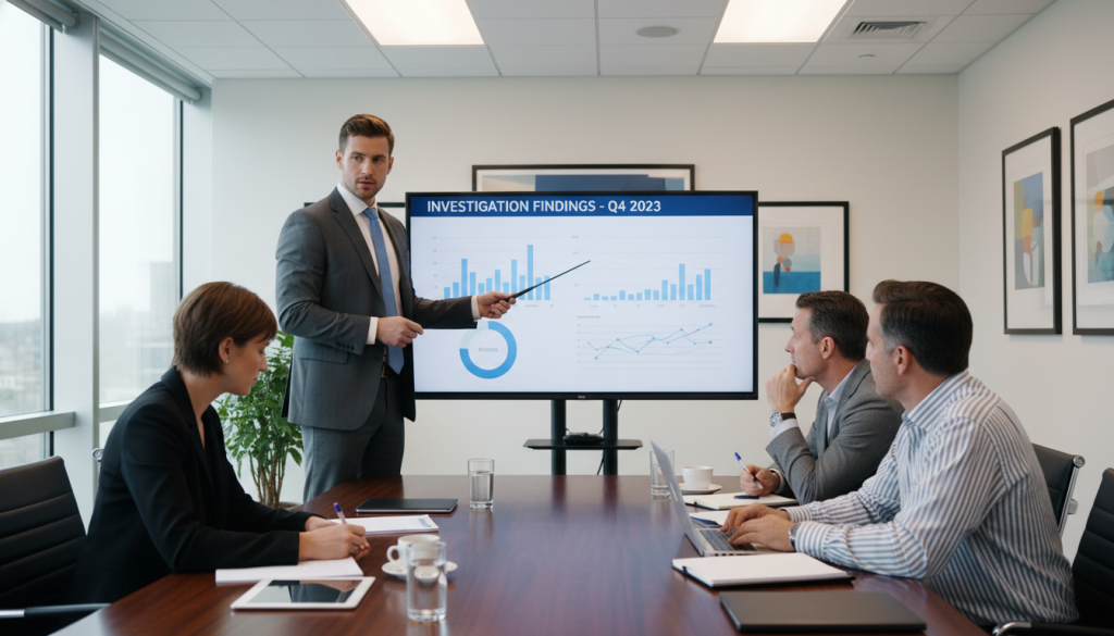 Professional investigator presenting findings to business client in Mildura office