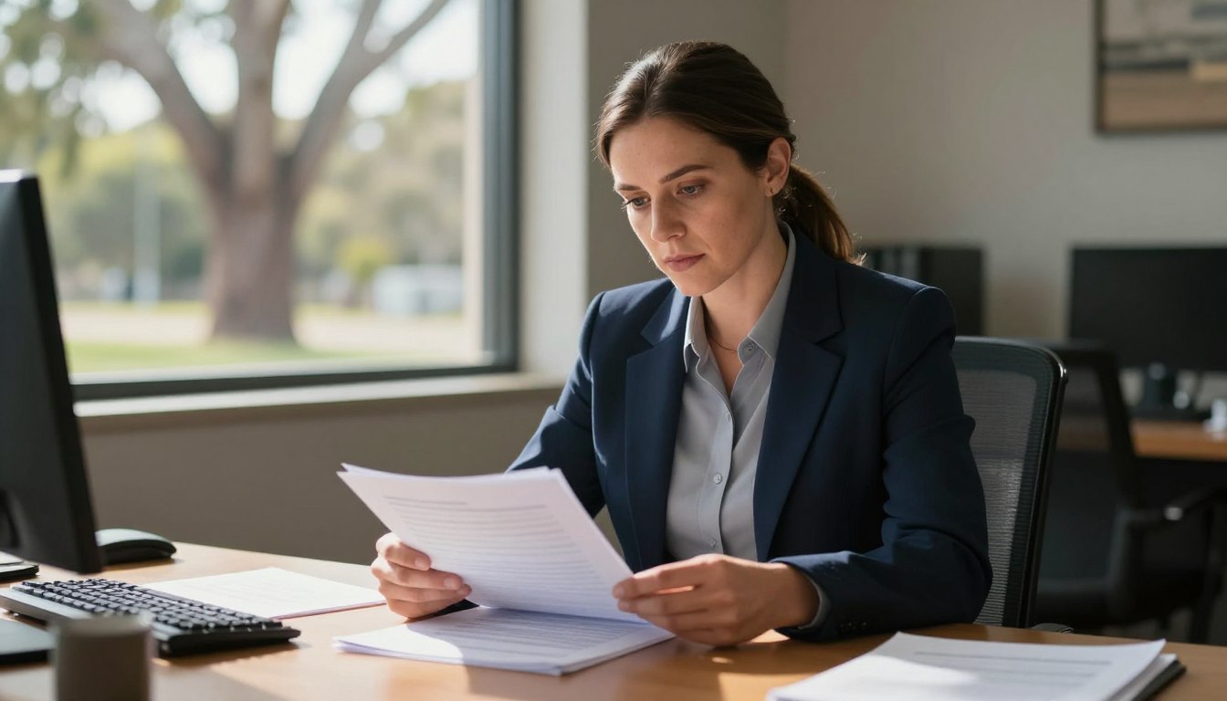 Professional investigator reviewing documents in a Wangaratta office with natural lighting
