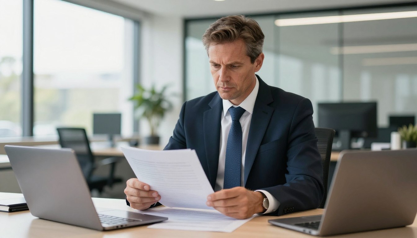 Professional investigator reviewing workplace bullying documents in Shepparton office