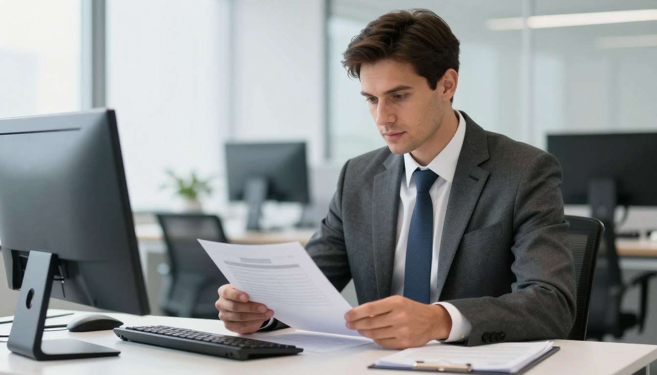 Professional investigator reviewing workplace documents in Shepparton office setting