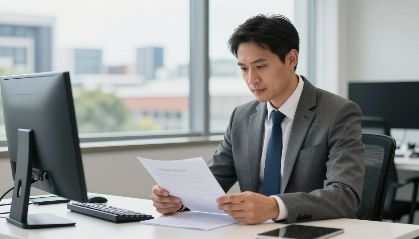 Professional investigator reviewing workplace harassment documents in Shepparton office