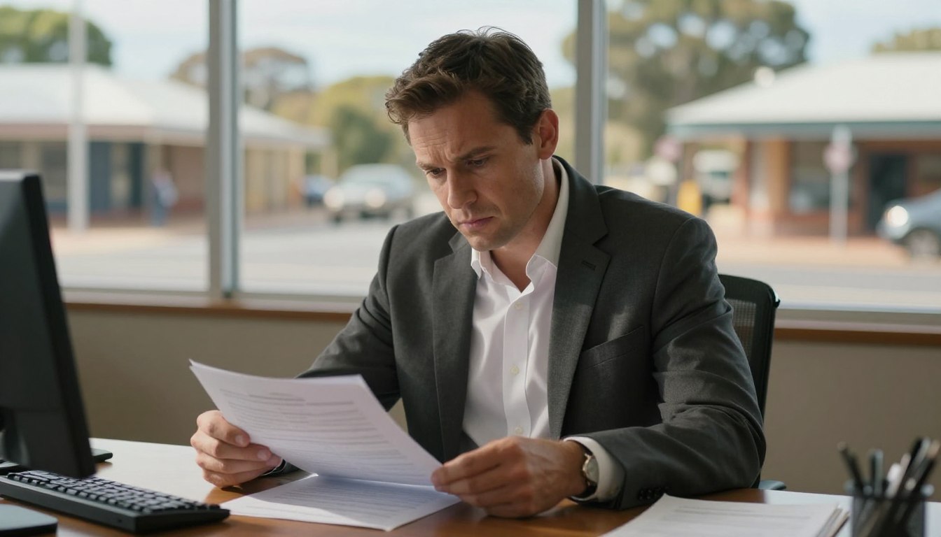 Professional investigator reviewing workplace harassment documents in a Maryborough office setting