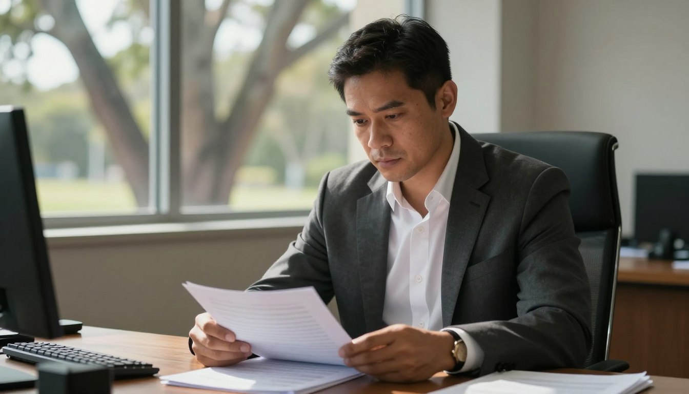 Professional investigator reviewing workplace misconduct documents in Maryborough office