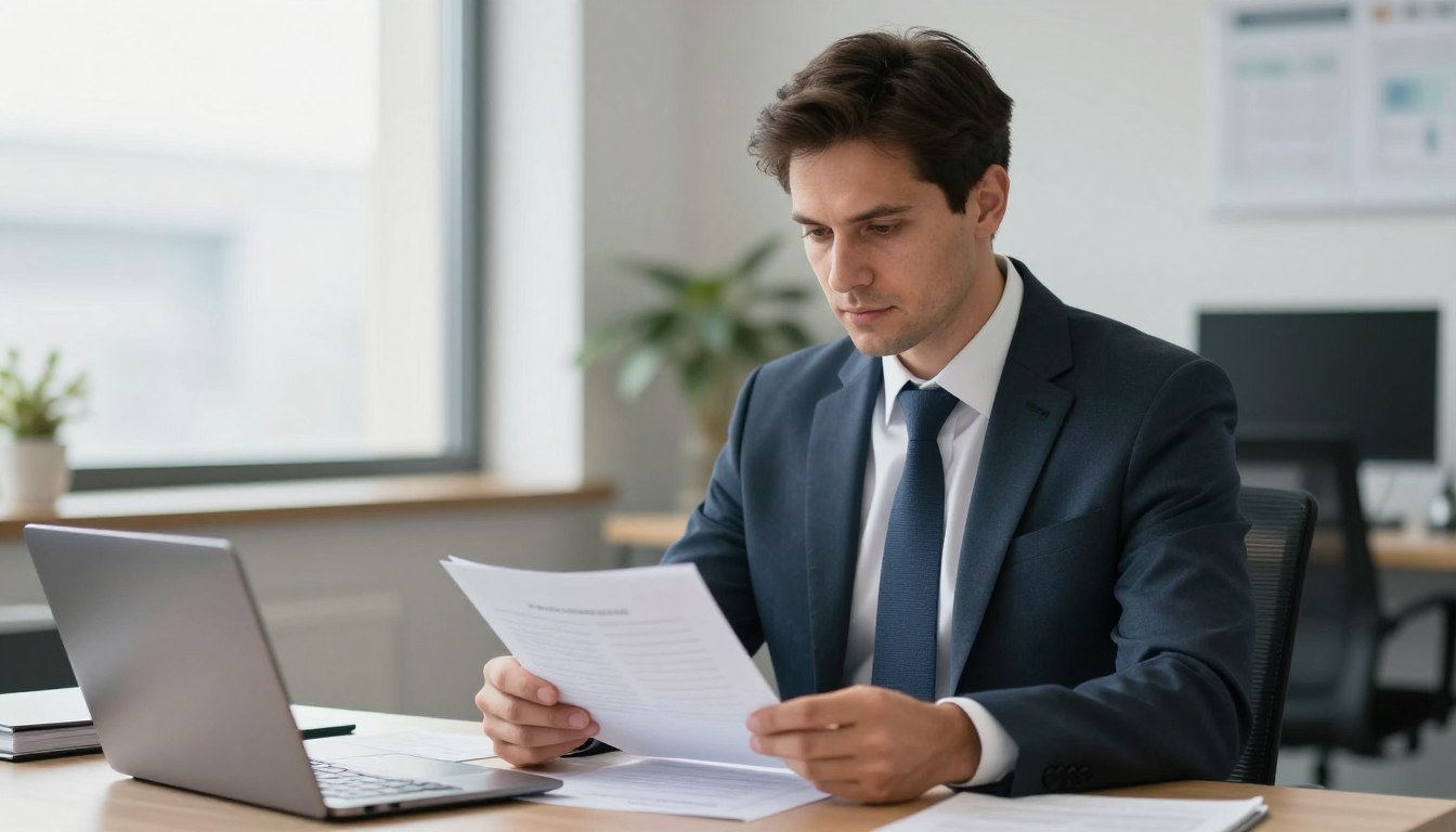 Professional investigator reviewing workplace misconduct documents in Shepparton office