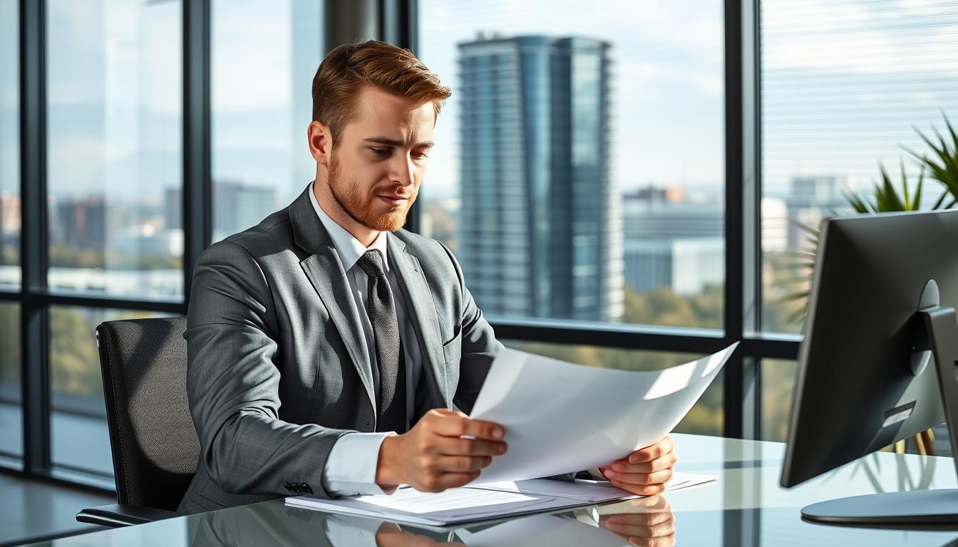 Professional investigator reviewing workplace misconduct documents in a Mildura office setting