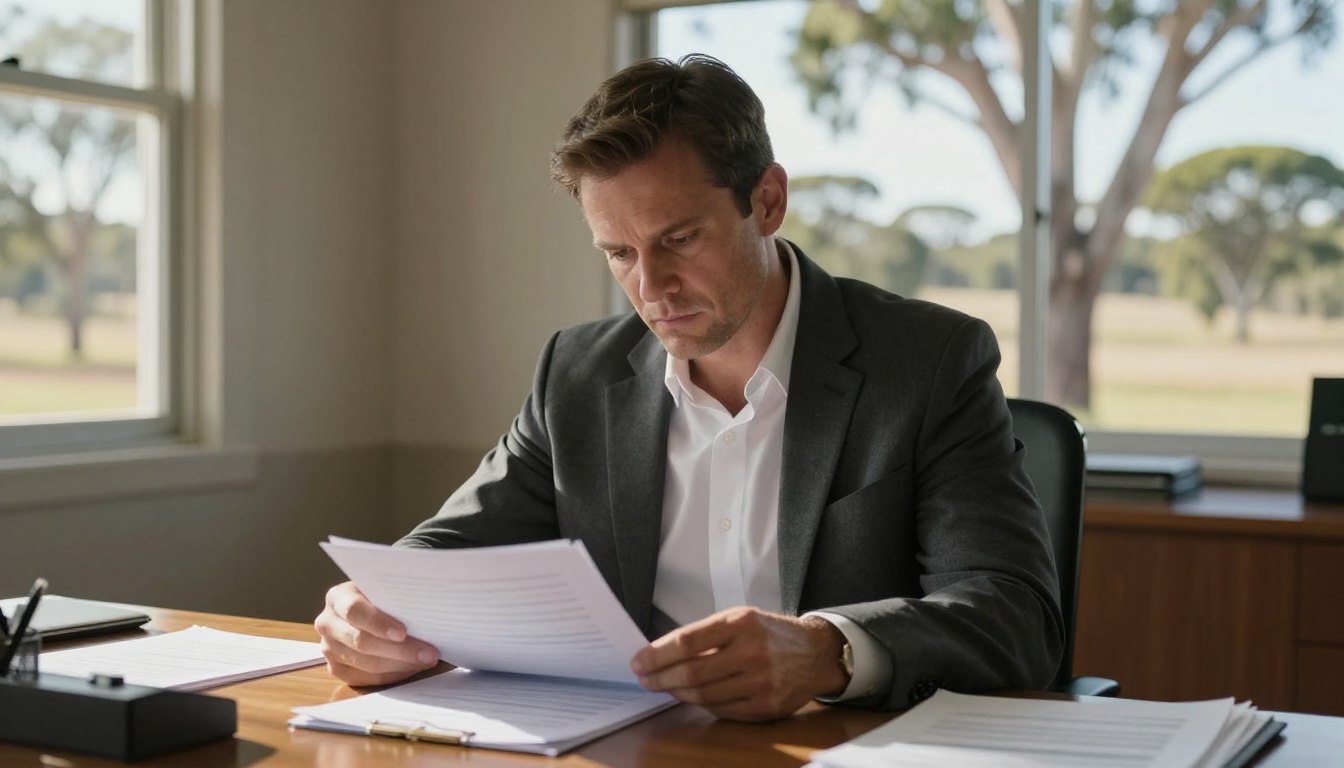 Professional investigator reviewing workplace misconduct documents in a Swan Hill office setting