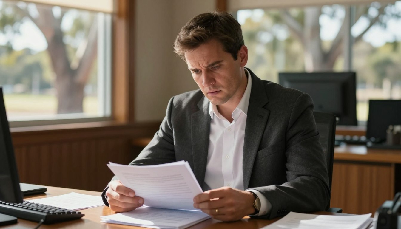 Professional investigator reviewing workplace misconduct documents in a Wagga Wagga office