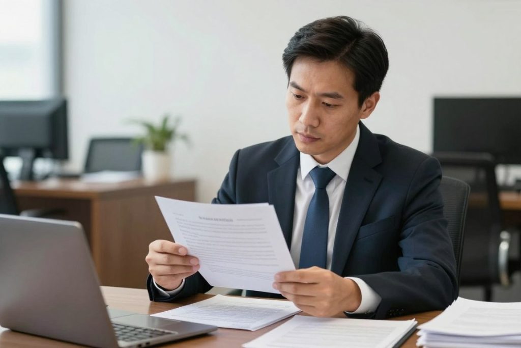 Professional workplace investigator reviewing documentation in a confidential setting Professional workplace investigator reviewing documentation in a confidential setting