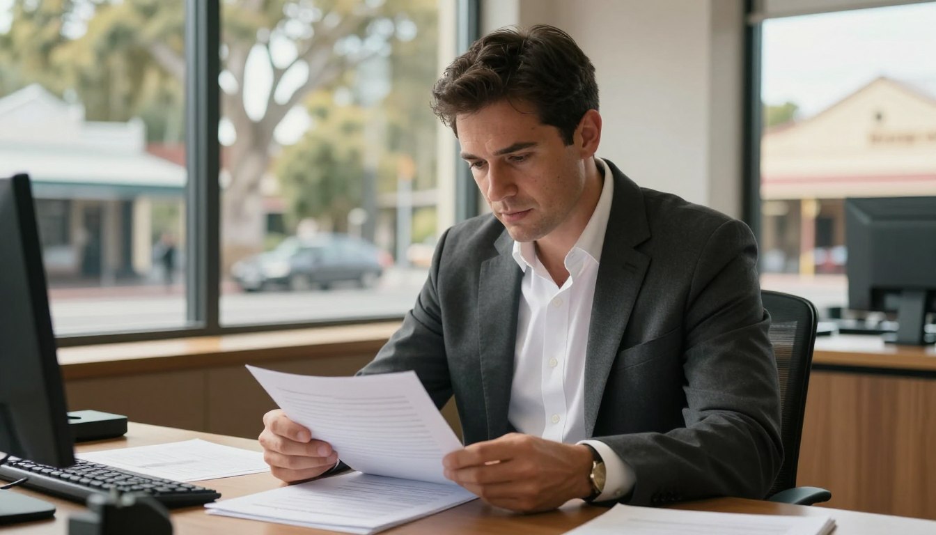 Professional workplace investigator reviewing documents in a Swan Hill office