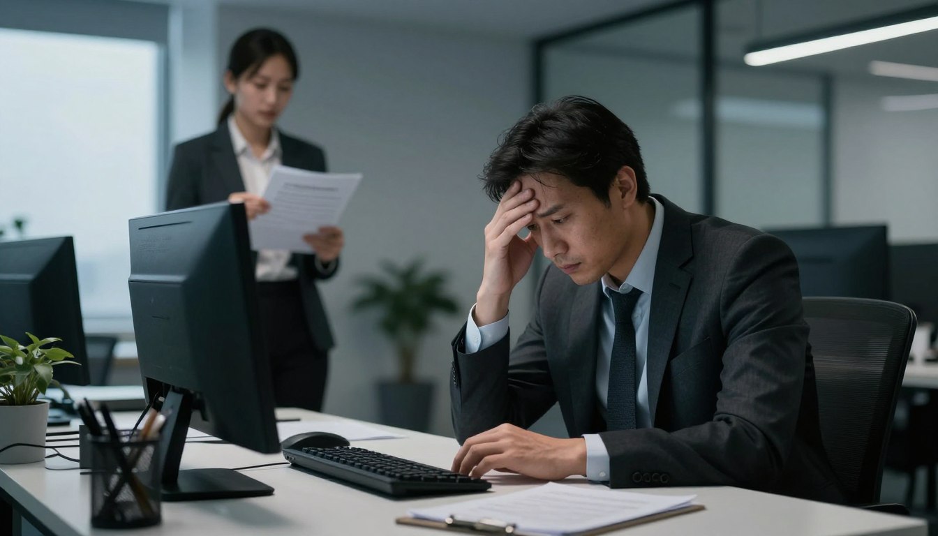 A tense office scene showing a manager looking stressed while a blurred figure holds a complaint document
