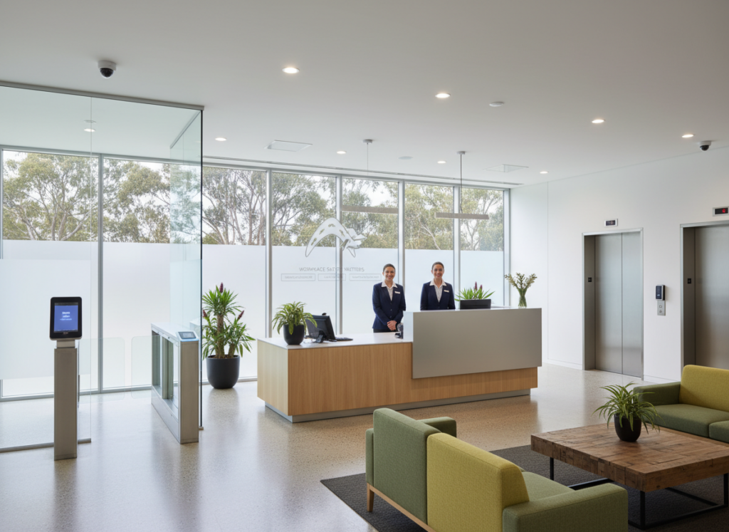 Australian workplace with visible security measures for workplace safety and domestic violence prevention Australian workplace with visible security measures for workplace safety and domestic violence prevention