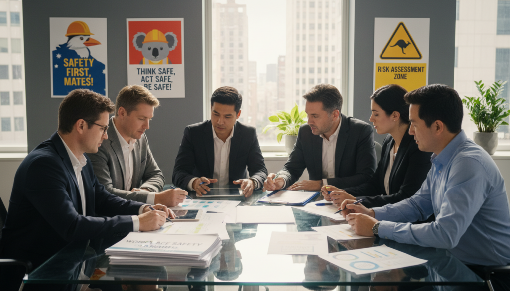 Diverse Australian workplace team implementing safety protocols for domestic violence prevention Diverse Australian workplace team implementing safety protocols for domestic violence prevention