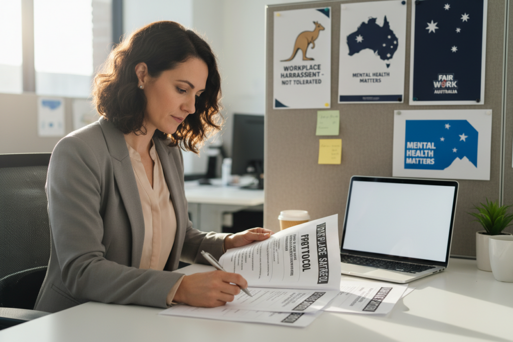 HR professional reviewing workplace safety and domestic violence investigation protocols HR professional reviewing workplace safety and domestic violence investigation protocols