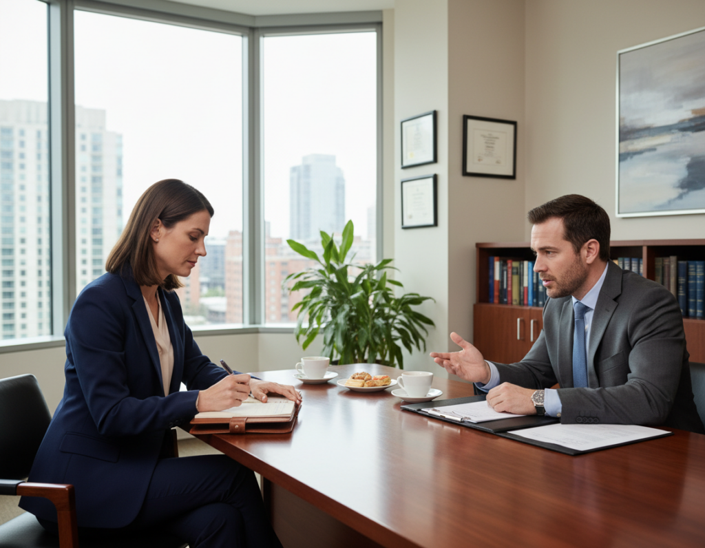 Professional investigator interviewing a workplace witness during a domestic violence investigation Professional investigator interviewing a workplace witness during a domestic violence investigation