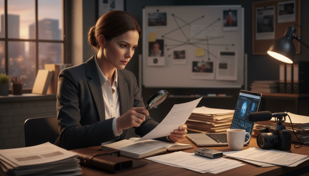 Professional investigator reviewing evidence during a workplace safety and domestic violence investigation Professional investigator reviewing evidence during a workplace safety and domestic violence investigation