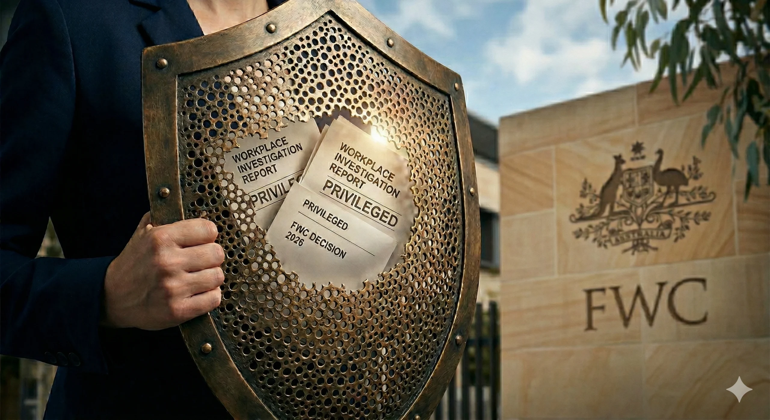 Close-up of a perforated bronze shield revealing privileged workplace investigation documents, representing the FWC dominant purpose test in Australia